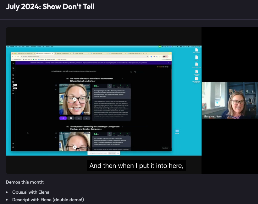 Elena presenting Opus.AI and Descript at Women Defining AI's Show Not Tell, July 2024